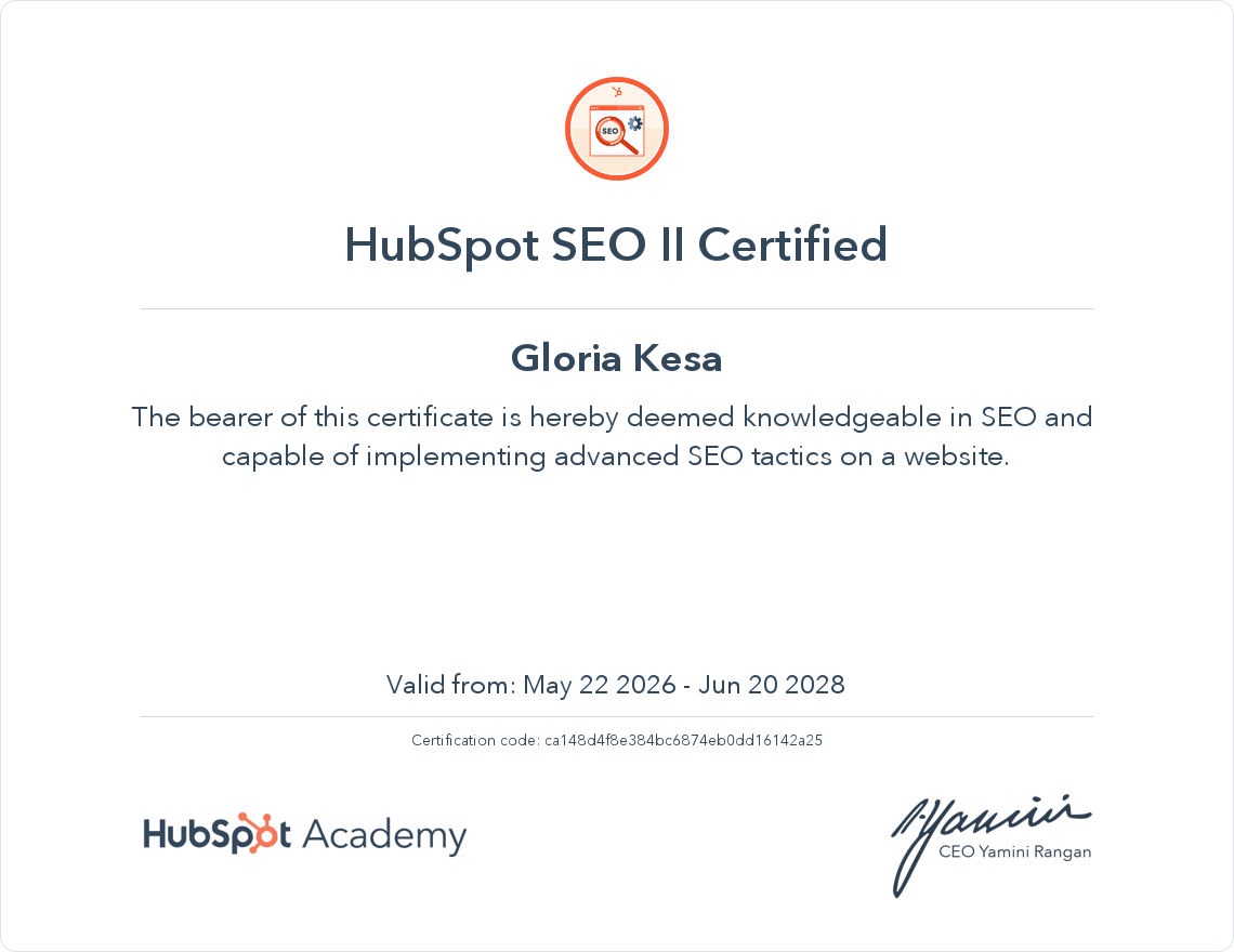 HubSpot Advanced SEO II Certified - Gloria Kesa