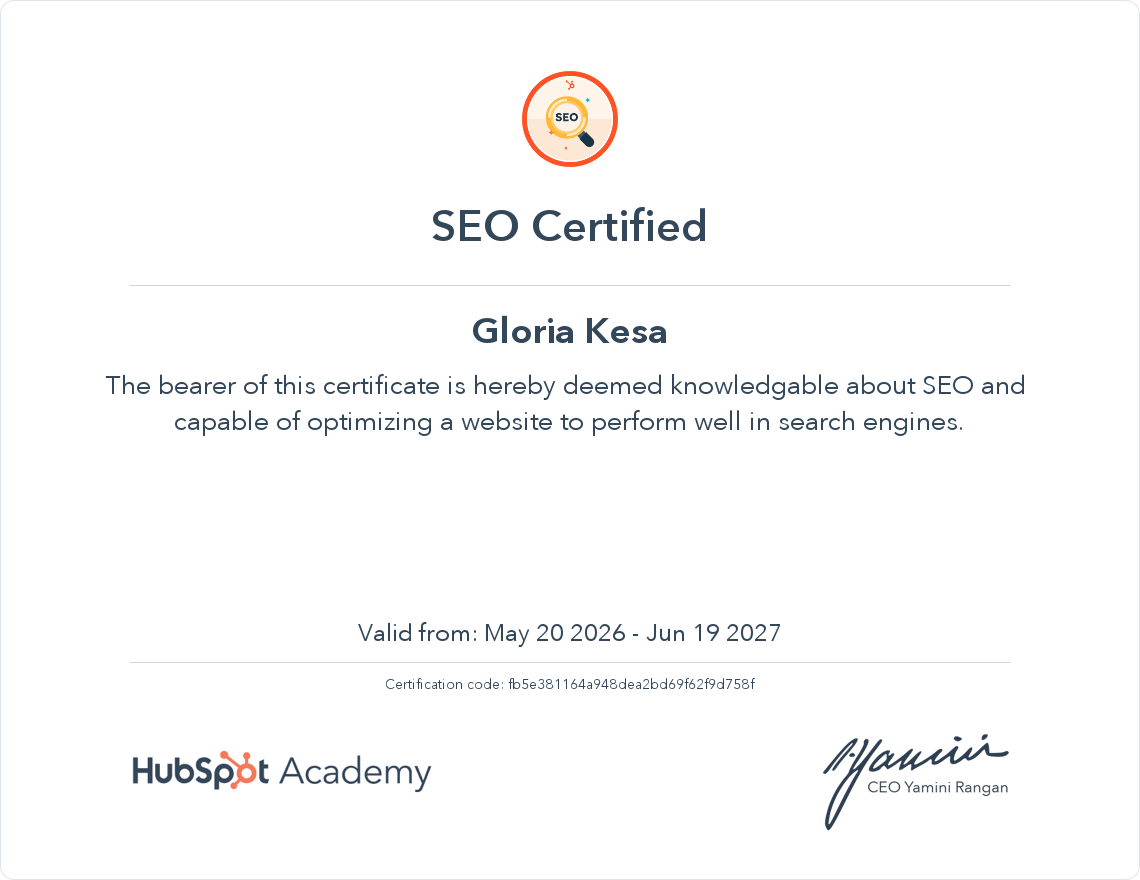HubSpot SEO Certified - Gloria Kesa