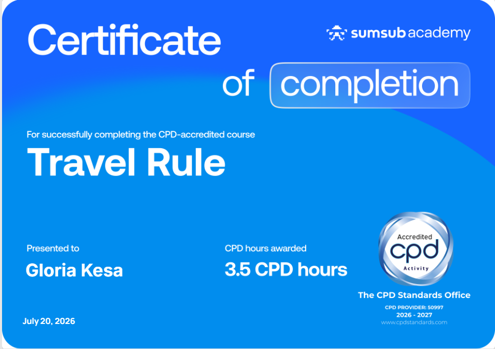 Gloria Kesa Travel Rule Certified