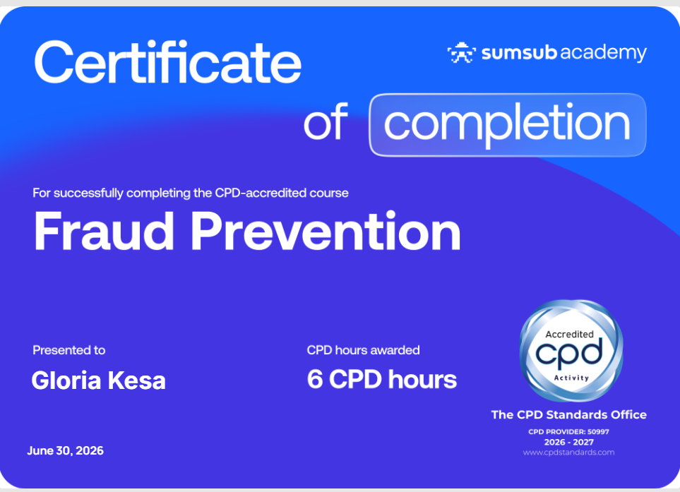 Sumsub Fraud Prevention Certification - Gloria Kesa