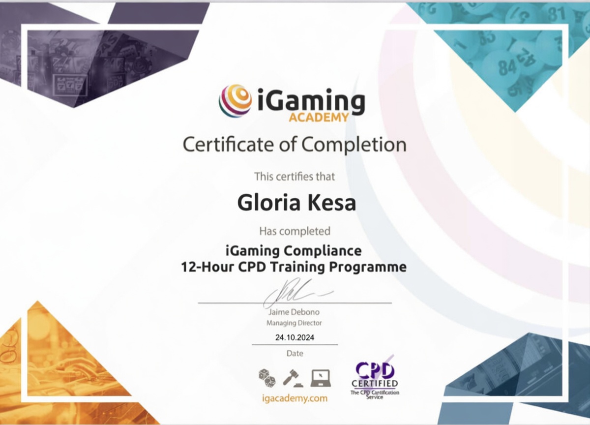 iGaming Academy Compliance Certification - Gloria Kesa