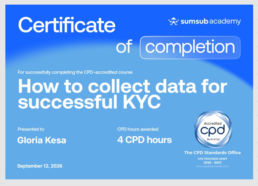 Sumsub KYC Data Collection Certification - Gloria Kesa
